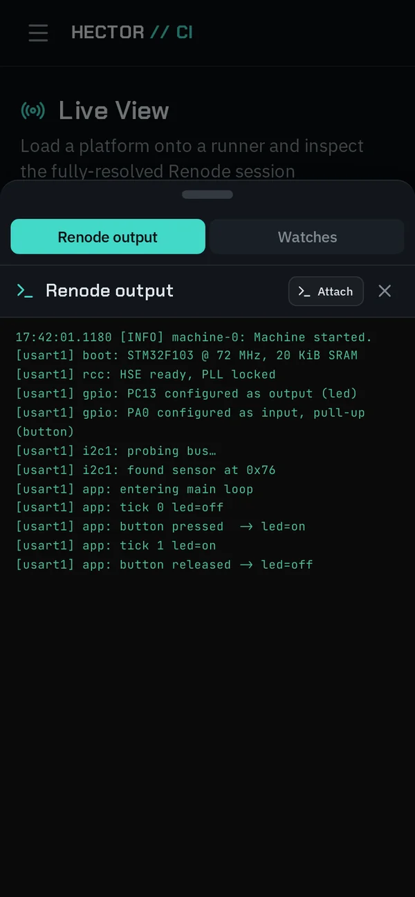 Live View on a phone with the Renode output panel open as a bottom sheet.