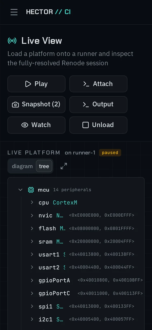 Live View on a phone showing the session controls and the peripheral tree.