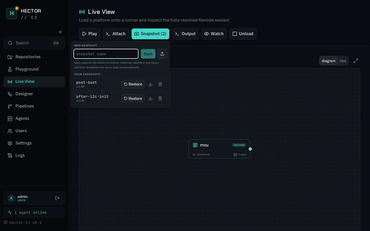 Snapshot menu listing saved snapshots with restore, download and delete actions.