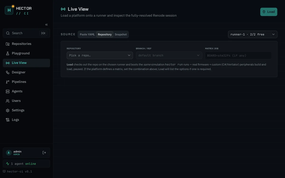 Live View source picker on the Repository tab with repository, branch and matrix-job fields.