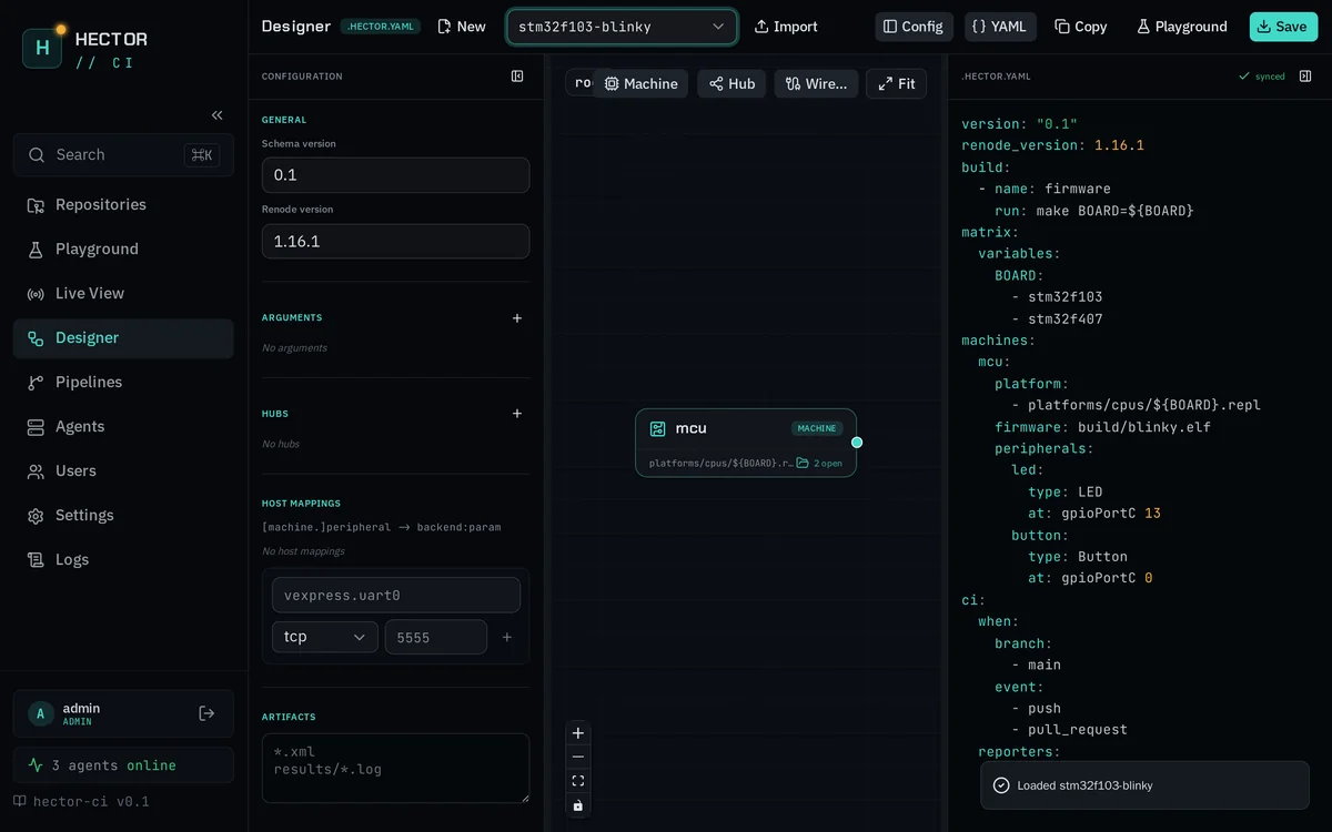 Designer with a machine on the canvas, a configuration panel and the generated .hector.yaml alongside.