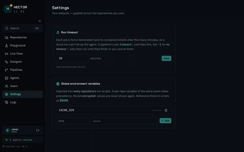 Settings page with the job timeout configuration.